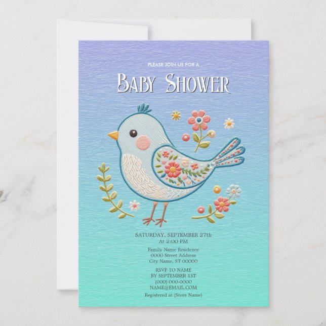 Baby Bird Blommigt Baby Shower Inbjudningar (Framsida)