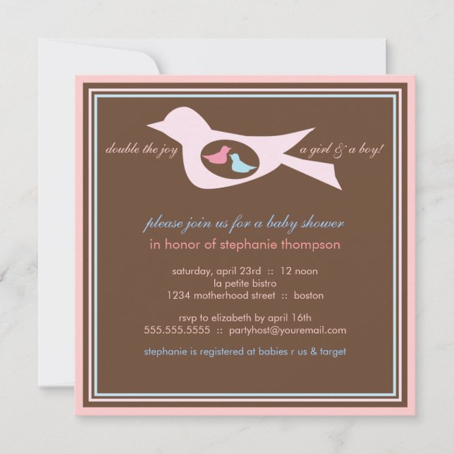 Baby Birdie Twillingars Rosa Blue Baby Shower-inbj Inbjudningar (Framsida)