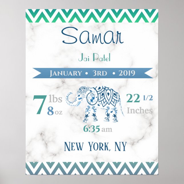Baby Birdstat undertecknar Elephant Marble Blue &  Poster (Framsidan)