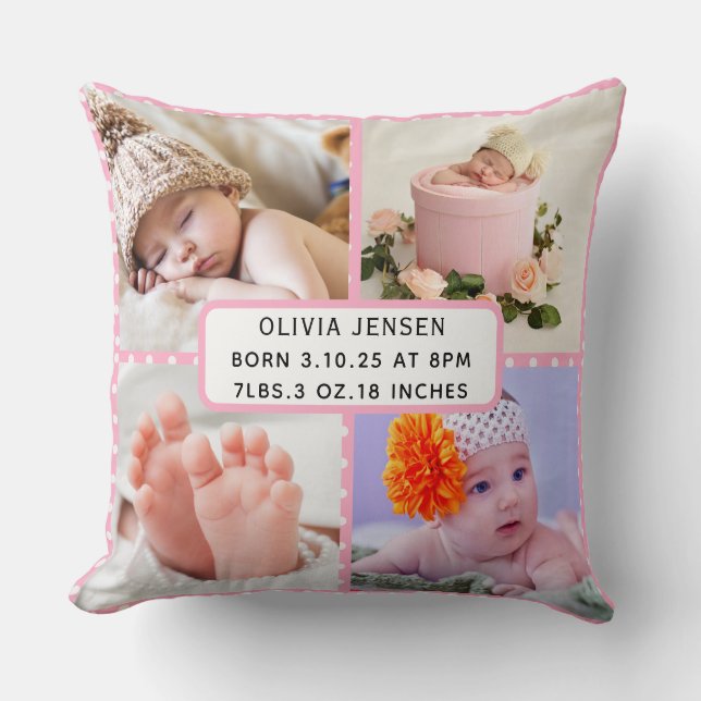 Baby Birkelastat Fyra fotokollage rosa polka punkt Kudde (Framsida)