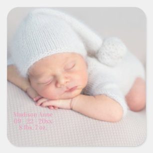 Baby Birth Announcement Photo Rosa Girl Girl Girl Fyrkantigt Klistermärke