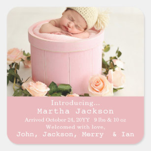 Baby Birth Announcement Photo Rosa Girl Girl Squar Fyrkantigt Klistermärke