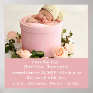 Baby Birth Announcement Photo Rosa Girl Girl Squar Poster