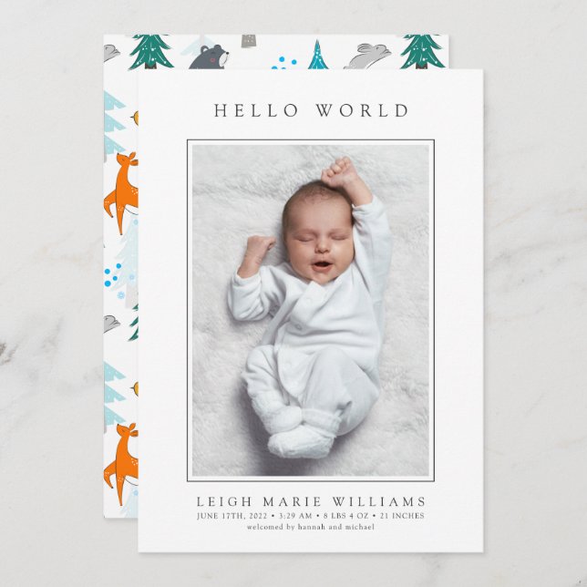 BABY BIRTH ANNOUNCEMENT Woodland Baby djur (Fram/baksida)