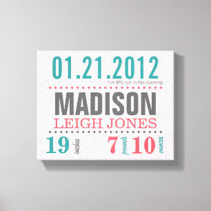 Baby Birth Date Details Canvas - Cotton Candy