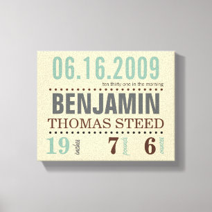 Baby Birth Date Details Canvas - Sand & Sea