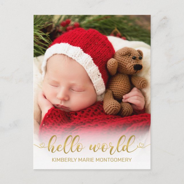 Baby Birth Hej World Photo Guld Script Hearts Helg Vykort (Framsida)