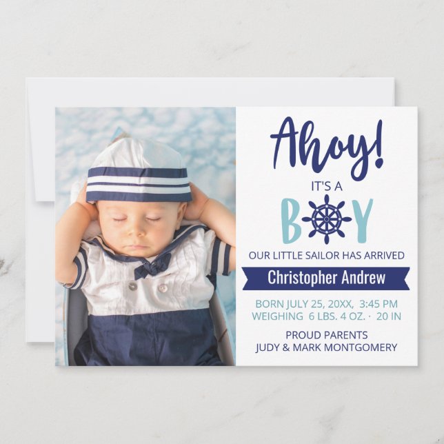 Baby Birth Nautical Ahoy Stripe, det är ett pojkfo Meddelande (Framsida)
