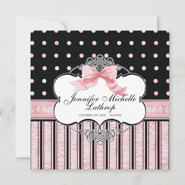 Baby Birth Notice - Fransk Bow Dot Swirl v3 Meddelande (Framsida)