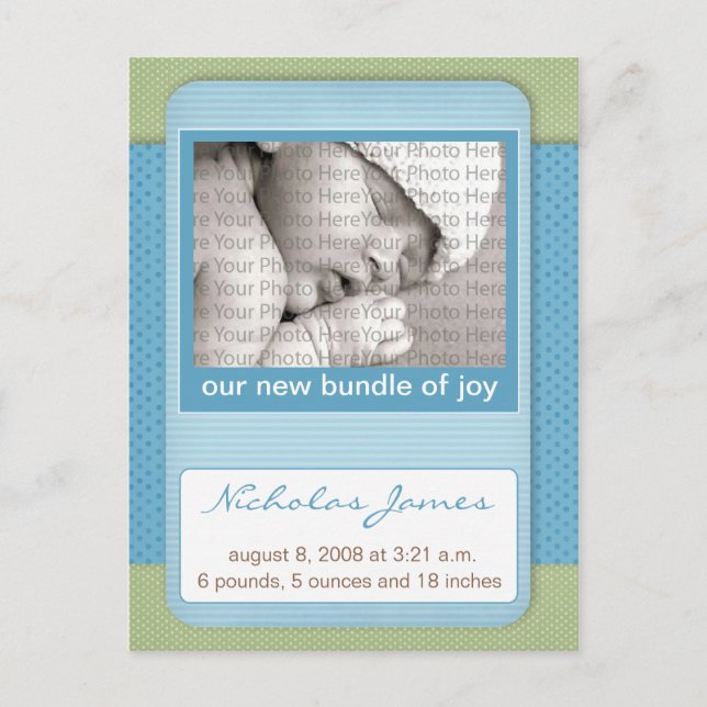 Baby Birth Notification Blue Polka dots Meddelande Vykort (Framsida)