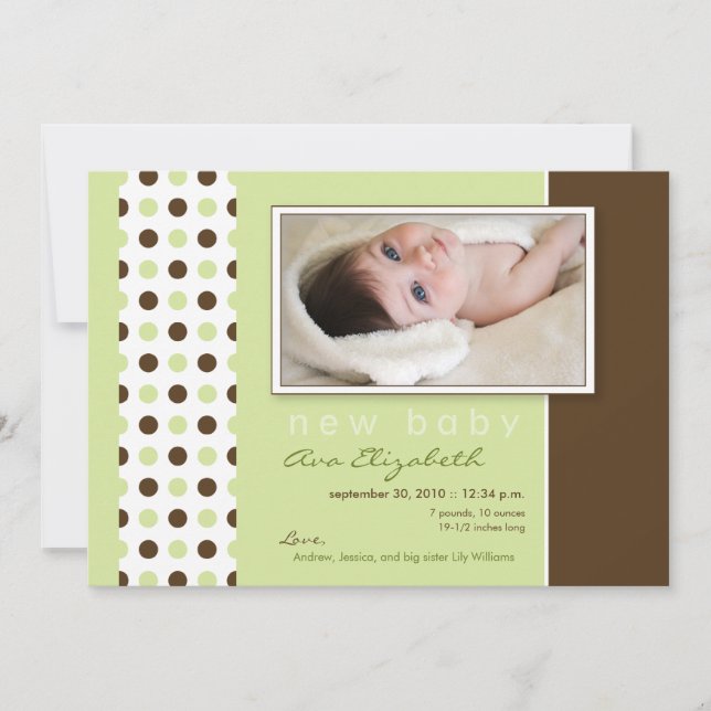 Baby Birth Notification Sage Grönt Polka dots Meddelande (Framsida)