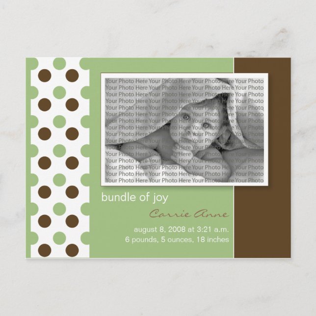 Baby Birth Notification Sage Grönt Polka dots Meddelande Vykort (Framsida)