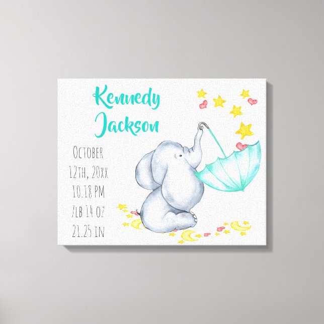 Baby Birth Record Stats Elephant Hearts and Stars Canvastryck (Framsida)