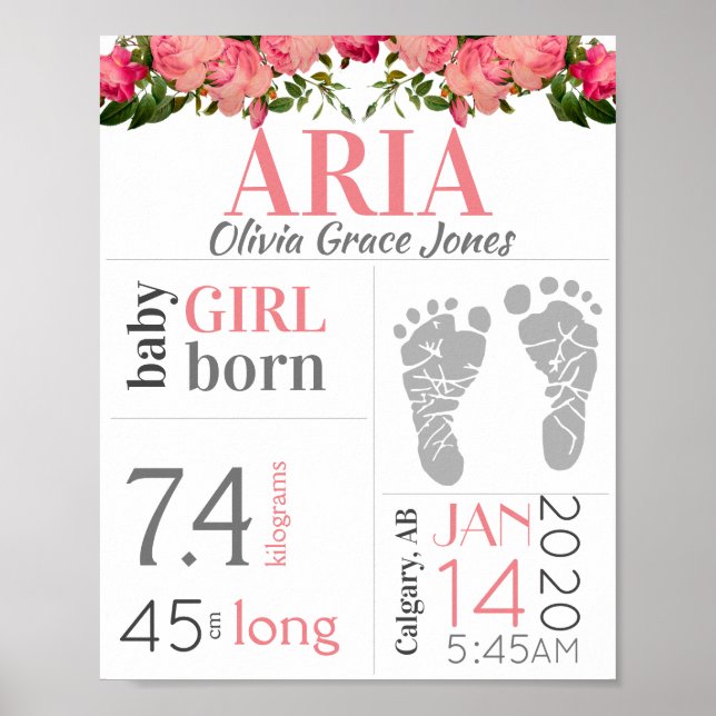 Baby Birth Stat Sign Rosa Blommigt Footprint Poster (Framsidan)