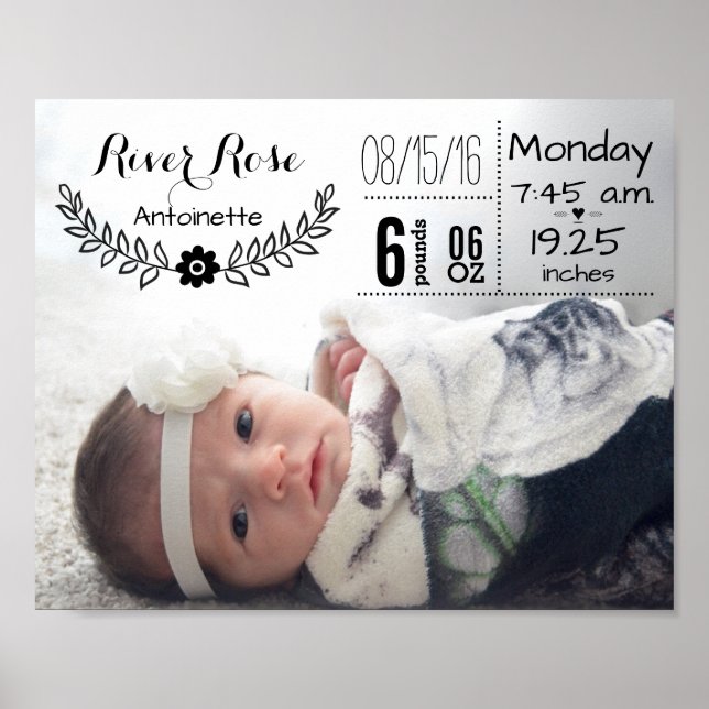 Baby Birth Stats Birth Record Keepsaké Photo Poster (Framsidan)