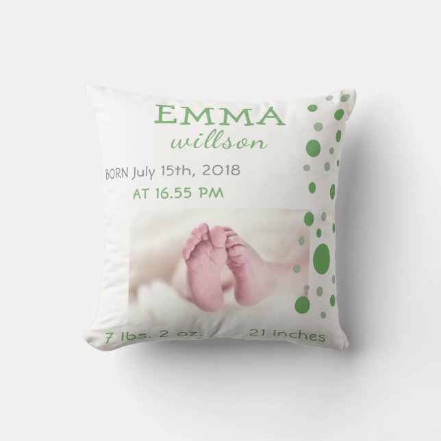 Baby Birth Stats Grönt Circles Photo Kudde (Framsida)