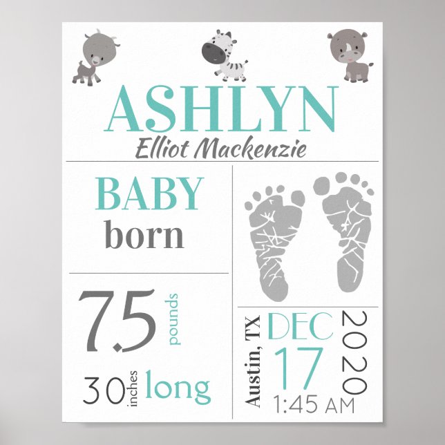 Baby Birth Stats Sign Footprint and Zoo Animals Poster (Framsidan)