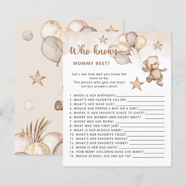 Baby björn som känner mamma bästa babyduschspel (Fram/baksida)