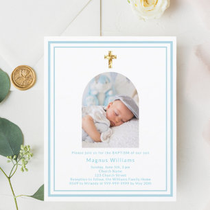Baby blå foto båge pojke Dop inbjudan