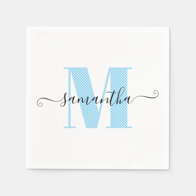 Baby blå och vit prickig monogram pappersservett (Framsidan)