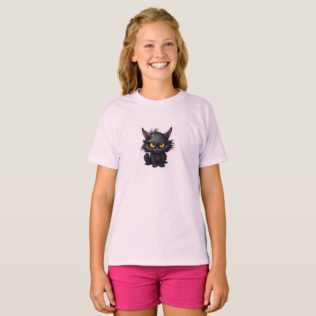 Baby Black Cat Design - flickors grundläggande T-S T Shirt (Hel framsida)
