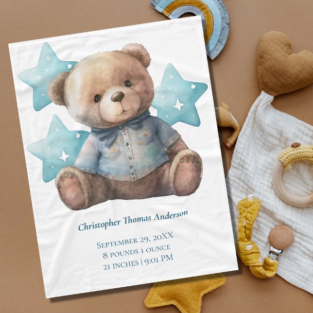 Baby Blanket Birth Stats Baby Bear Blue Boy Gift Fleecefilt (Skapare uppladdad)
