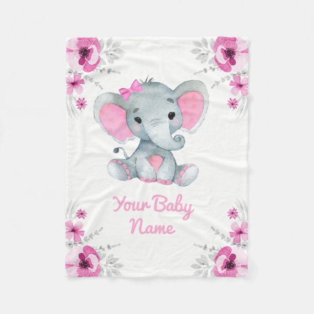 Baby Blanket Girl Elephant Namn Anpassningsbar Gif Fleecefilt (Framsidan)