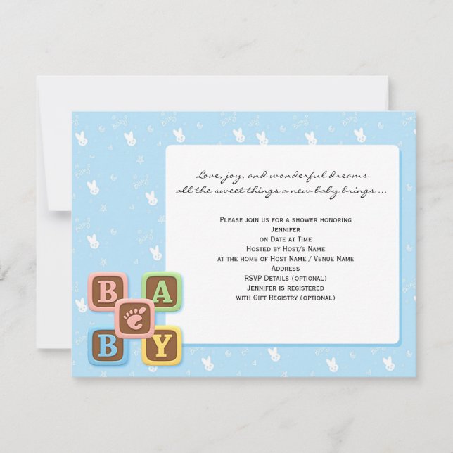 Baby blockerar inbjudan till Blue Baby Shower (Framsida)