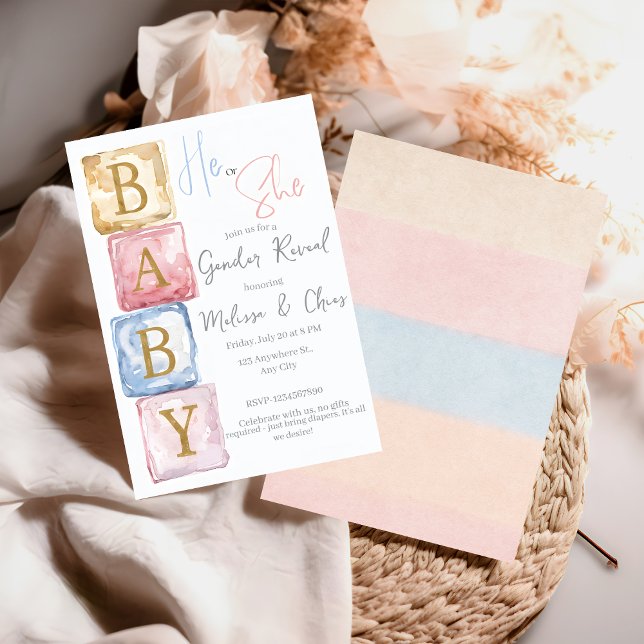Baby Blocks Gender Reveal He or She baby shower Inbjudningar (Skapare uppladdad)