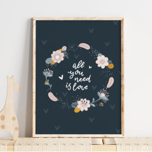 Baby Blommig Krans Fågel Poster Fågel Väggkonst