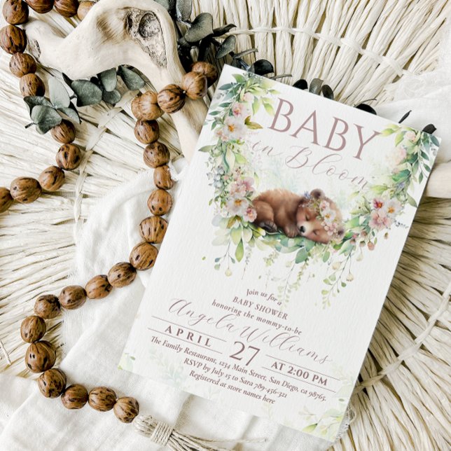 Baby Bloom Blommigt Woodland Bear Flicka Shower Inbjudningar (Skapare uppladdad)
