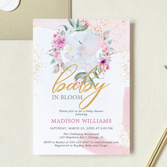 Baby Bloom Elephant Elegant Flickbarndusch Inbjudningar (Skapare uppladdad)