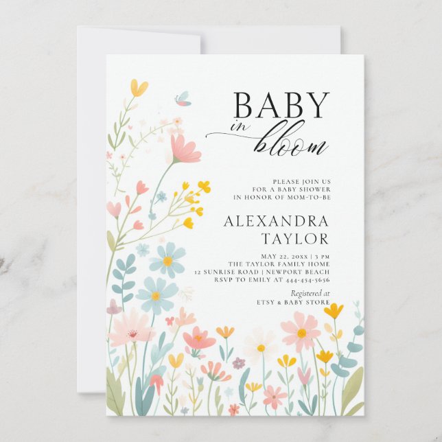 Baby Bloom Pastel WildblomBoho Flicka Shower Inbjudningar (Framsida)