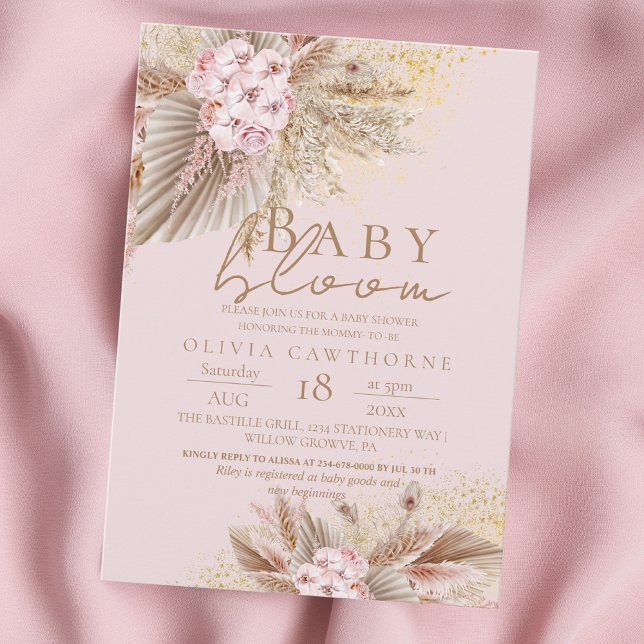 Baby Bloom  Rosa Boho Flowers Girl Shower Inbjudningar (Skapare uppladdad)