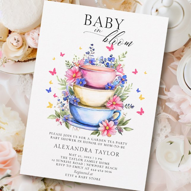 Baby Bloom Tea Party Wildblommor Flicka Shower Inbjudningar (baby in bloom shower invitation wildflowers garden tea party colorful summer spring)