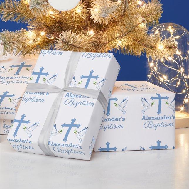 Baby Blue Anpassat Namn Dop med Kors och Duvor Presentpapper (Helgdagar)