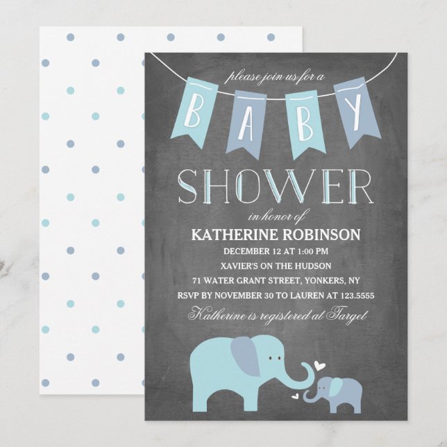 Baby blue | baby showerinbjudan för elefant inbjudningar (Fram/baksida)