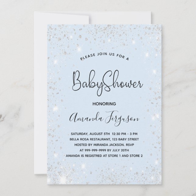 Baby blue babystövel silver glitter inbjudningar (Framsida)