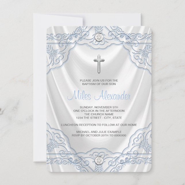 Baby blue baptism Christine White Satin Inbjudningar (Framsida)