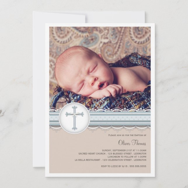 Baby blue| Beige Photo Christening Inbjudan (Framsida)