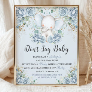 Baby Blue Blommig Elefant Säga Inte Baby Lek Poster