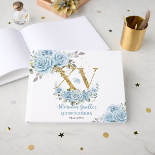 Baby Blue Blommig Guld XV Quinceañera Quince 15 Gästböcker