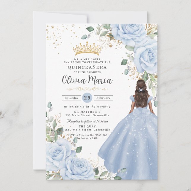 Baby Blue Blommig Prinsessa Klänning Quinceañera Q Inbjudningar (Framsida)