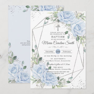 Baby Blue Blommig Silver Dop Dopceremoni Inbjudningar