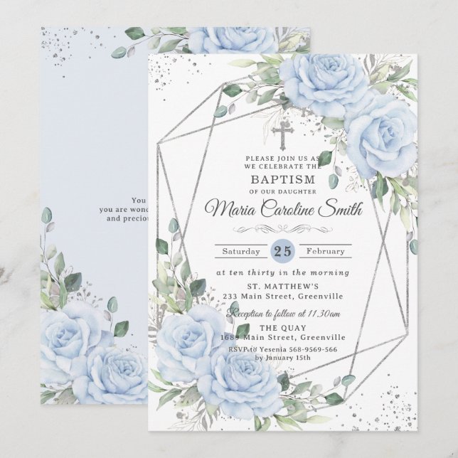 Baby Blue Blommig Silver Dop Dopceremoni  Inbjudningar (Fram/baksida)