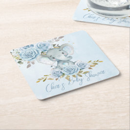 Baby Blue Blommig Söt Elefant Baby Shower Underlägg Papper Kvadrat