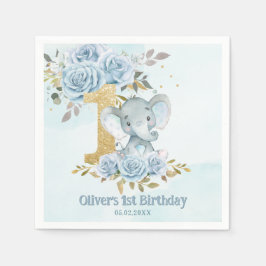Baby Blue Blommig Söt Elefant Pojke 1-årsdag Pappersservett