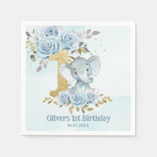 Baby Blue Blommig Söt Elefant Pojke 1-årsdag Pappersservett