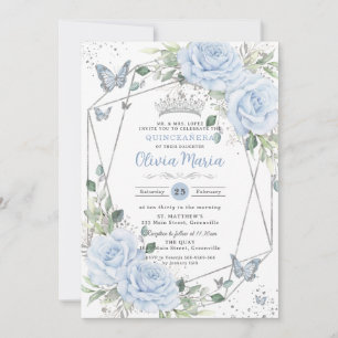 Baby Blue Blommiga Fjärilar Silver Quinceanera Inbjudningar