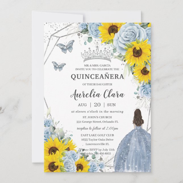 Baby blue Blommigt av solros Princess Quinceañera Inbjudningar (Framsida)
